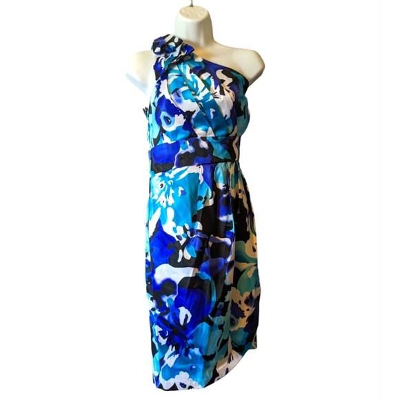 Bisou Bisou Blue & White Floral One Shoulder Dress Abstract Asymmetrical   Sz L - Picture 1 of 9
